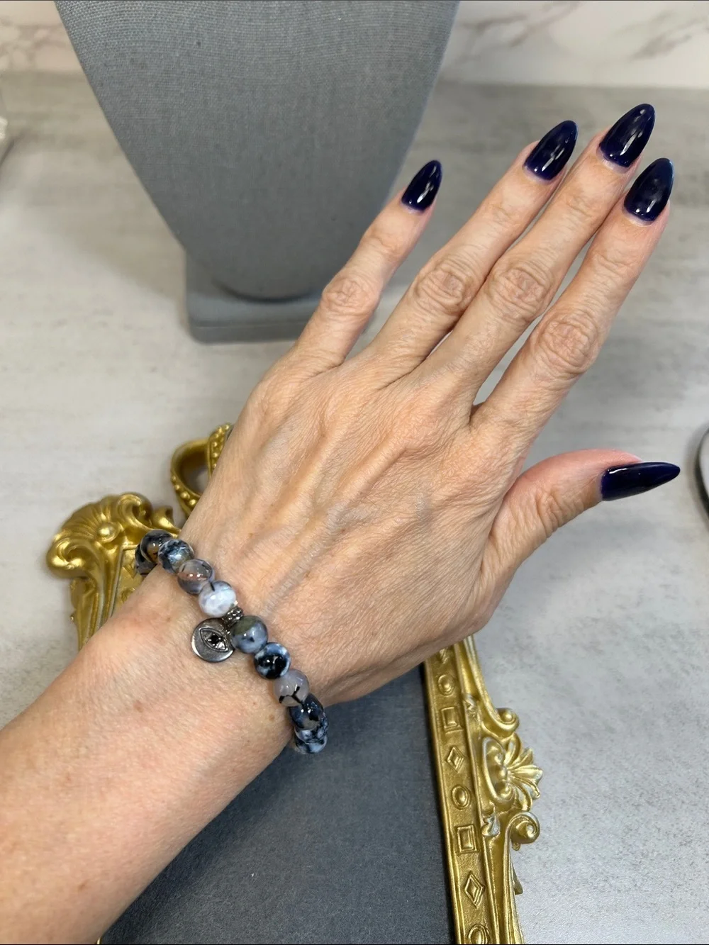 Dragon Vein Agate Stone Beaded Bracelet with 925 Sterling Eye Charm